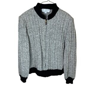Vintage St John Collection Marie Gray Knit Zip Jacket Cardigan L Grey Black